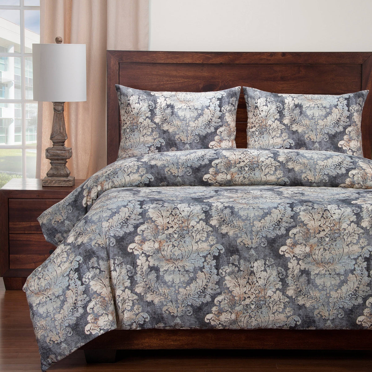 Cindersmoke Distressed Damask Duvet and Shams Twin B7693
