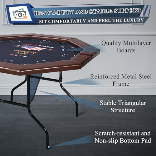 50 inch Foldable Octagon Poker Table with Stainless Steel Cup Holders U895