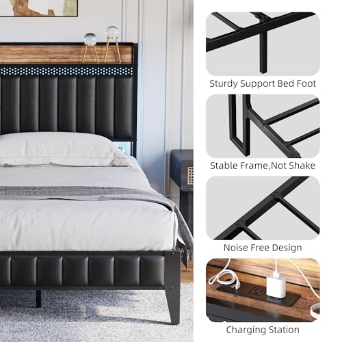 Black Queen Upholstered Platform Bed Frame with Storage Headboard L57577