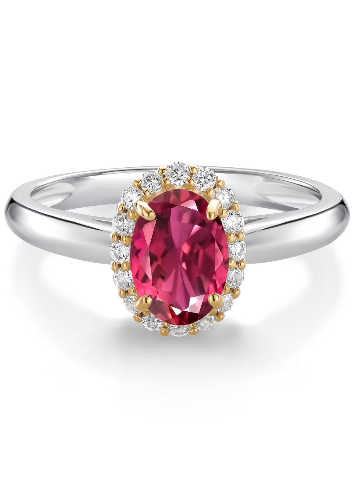 925 Sterling Silver 10k Yellow Gold Pink Tourmaline White Lab Grown Diamond Halo Engagement Ring W303