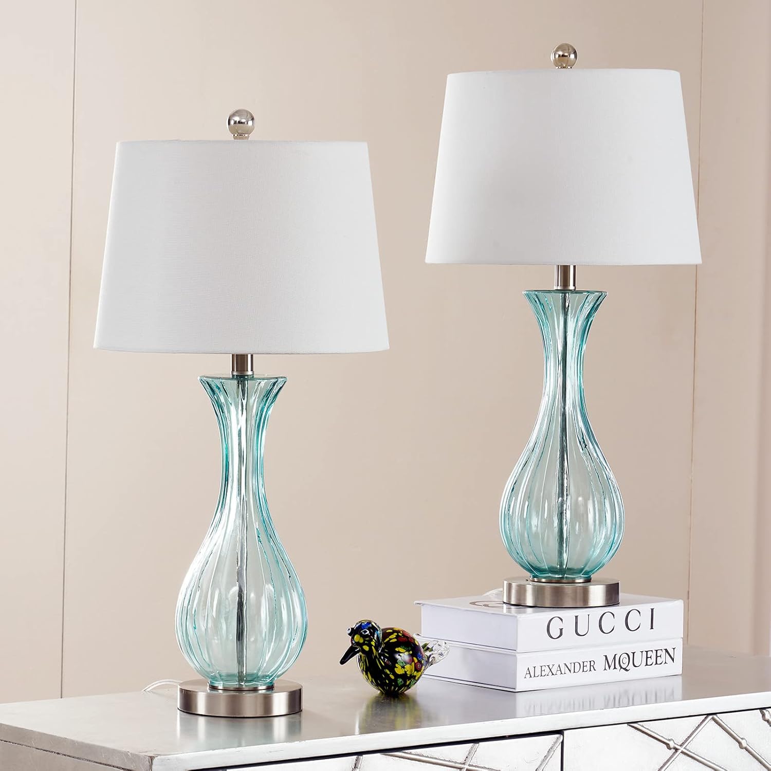 Set of 2 Blue Glass Table Lamps with White Shade A430