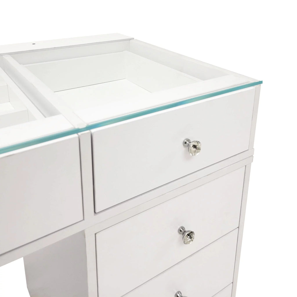 White 10 Drawer Vanity Desk with Glass Tabletop M7369