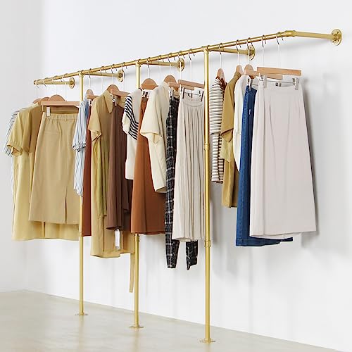 Gold Wall Mounted Clothing Rack with 2 Wooden Shelves Q79096