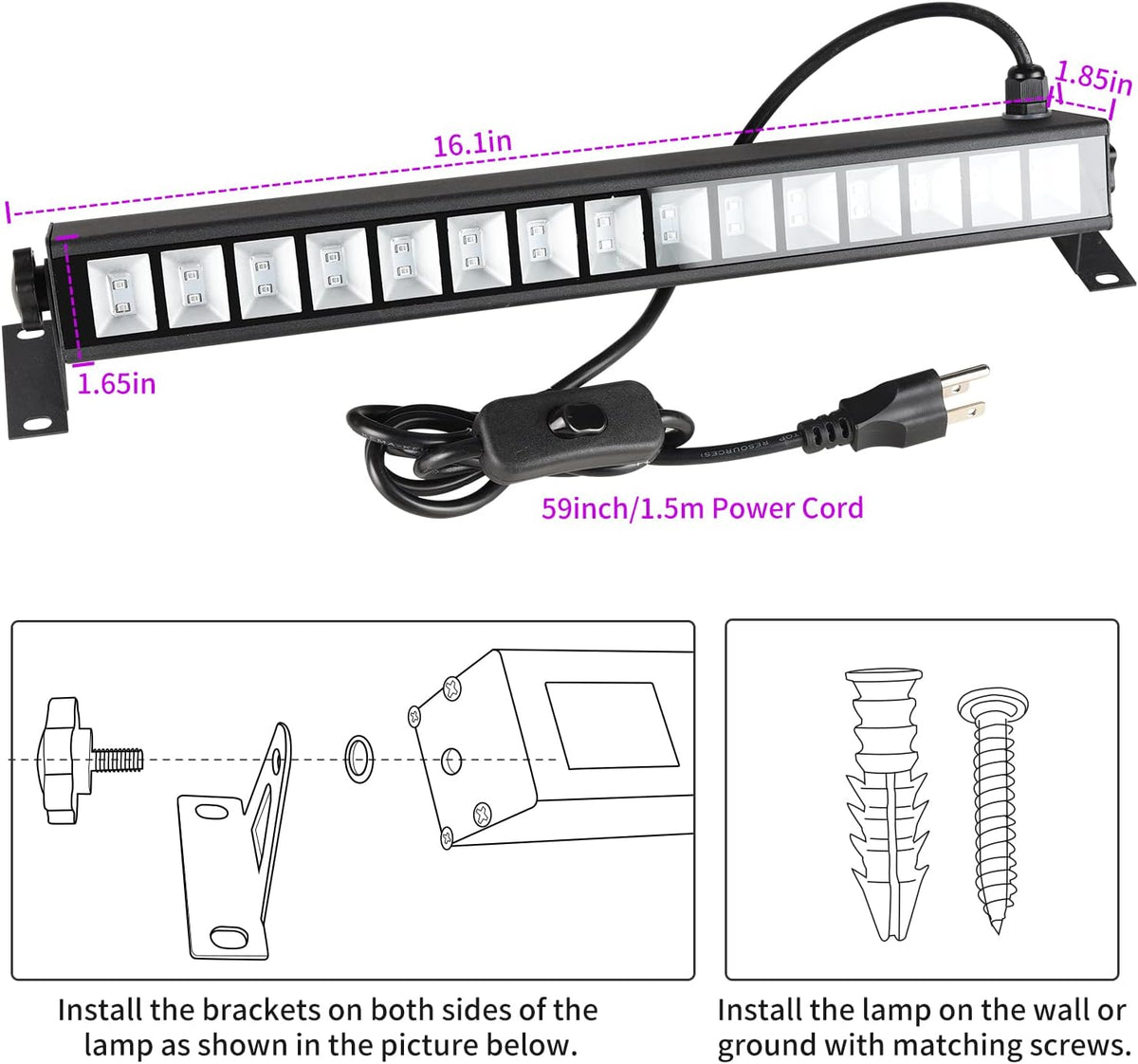 4 Pack 30W Black Light Bar with Switch, Plug and 5ft Cable L34043