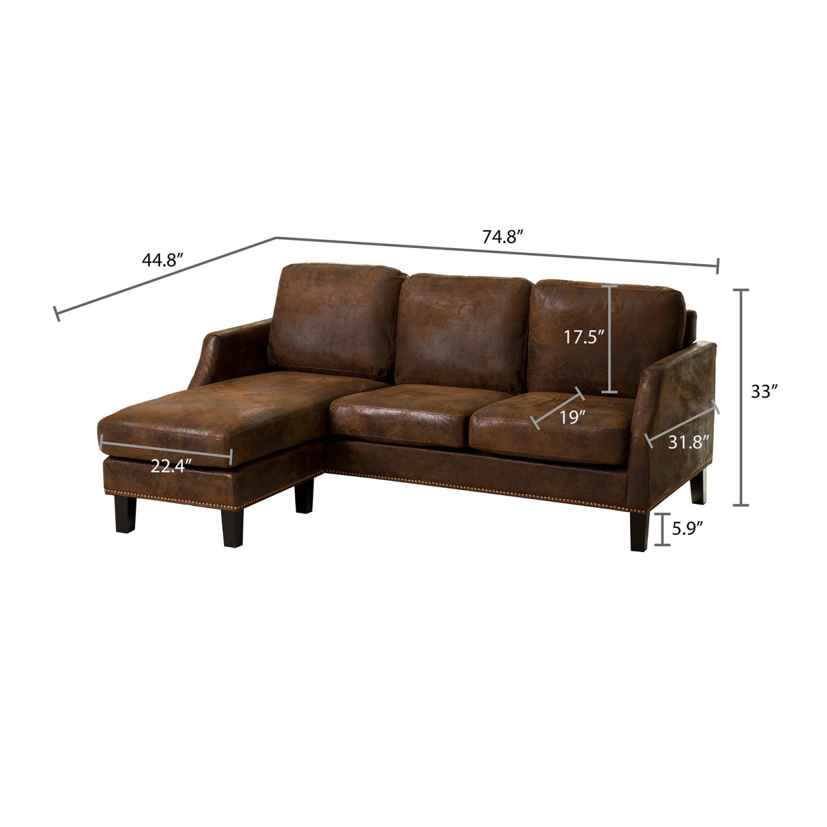 Dark Brown Faux Leather Reversible Chaise Sectional Sofa C512986