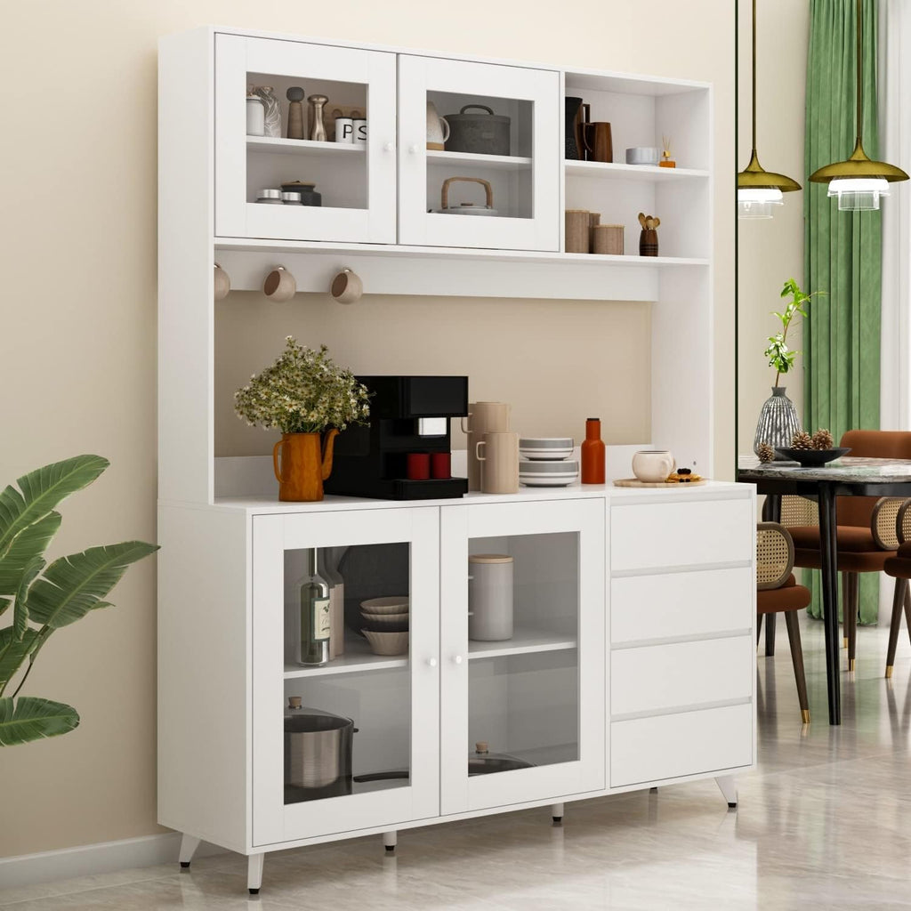 63"W 74.8"W Buffet with Hutch, Freestanding Kitchen Pantry Oak/White D735904