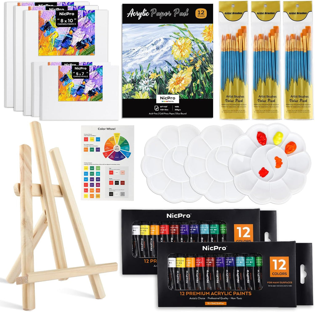 65PCS Acrylic Paint Canvas Set with 12 Colors, 30 Paint Brushes, 5 Canvas, Wood Easel, 3 Palette, A5 Paper Pad G16963