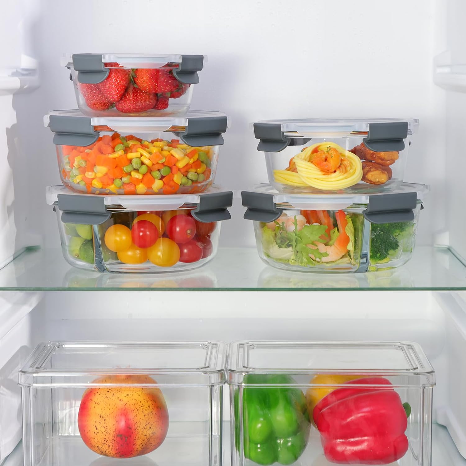 10pc Glass Food Storage Container with Lid, Gray Round Glass Meal Prep Containers I61514