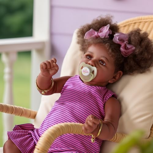 22 Inch Lifelike Soft Body Reborn Baby Doll with Taupe Eyes Caramel Skin Tone Pink Striped Skirt B78593