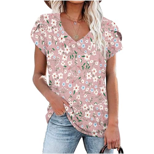 Women's Casual Summer Petal Short Sleeve V Neck Floral Boho Loose Tunic Blouses X805911
