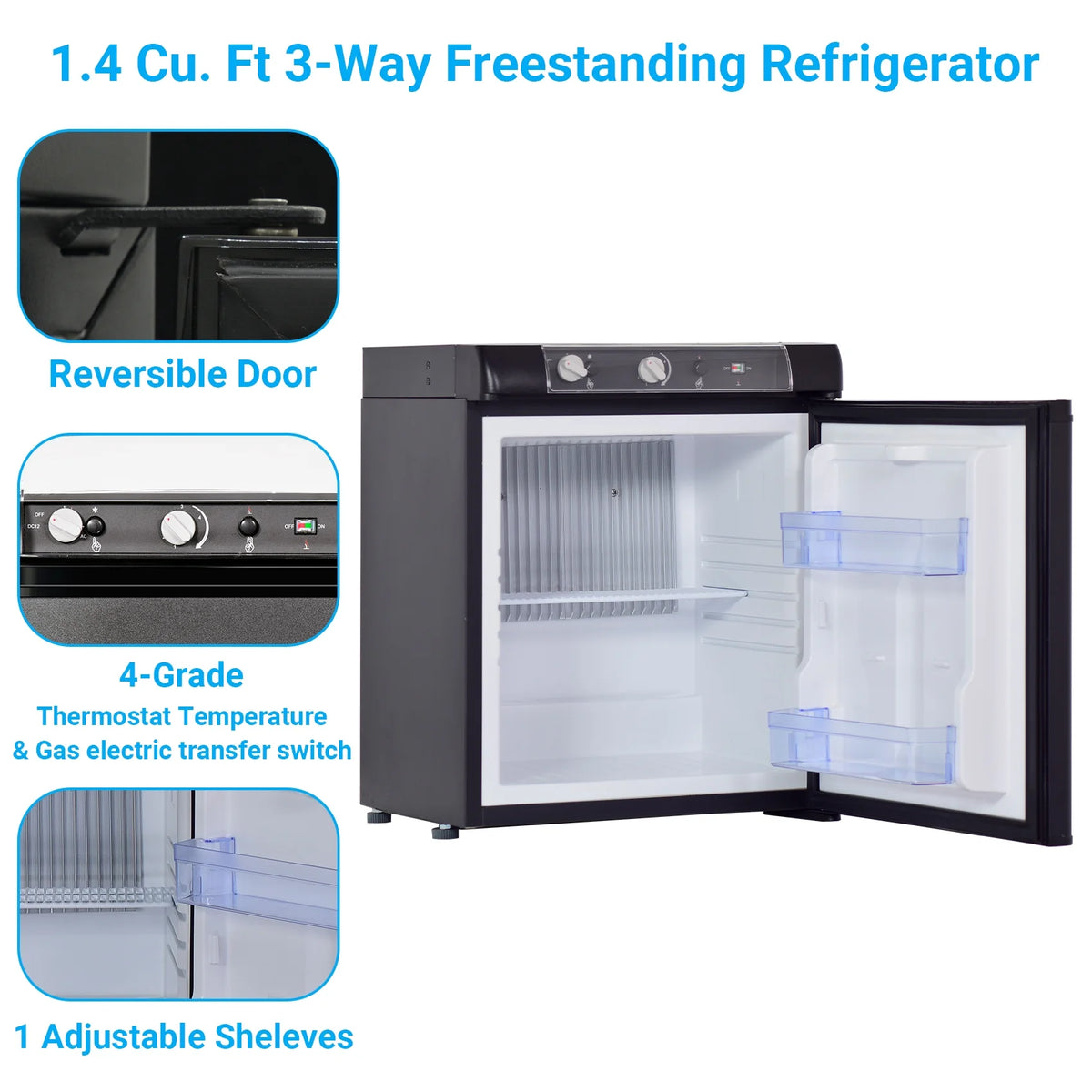 3 Way Propane RV Refrigerator 1.4 Cu.ft, Compact 12 V/110V/Gas LPG Fridge X48488