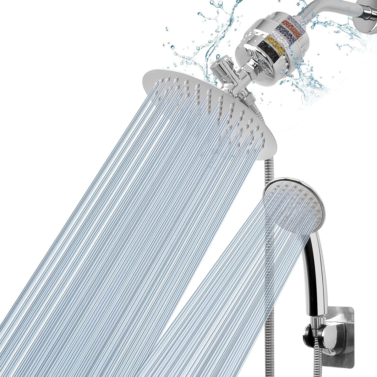 Matte Black 8″ Round Rain Shower Head and 5 Settings Handheld Shower Filter Combo with Self-adhesive Holder, 1.5M Hose, 1 Replaceable Filter Cartridge, Pack of 2 I740