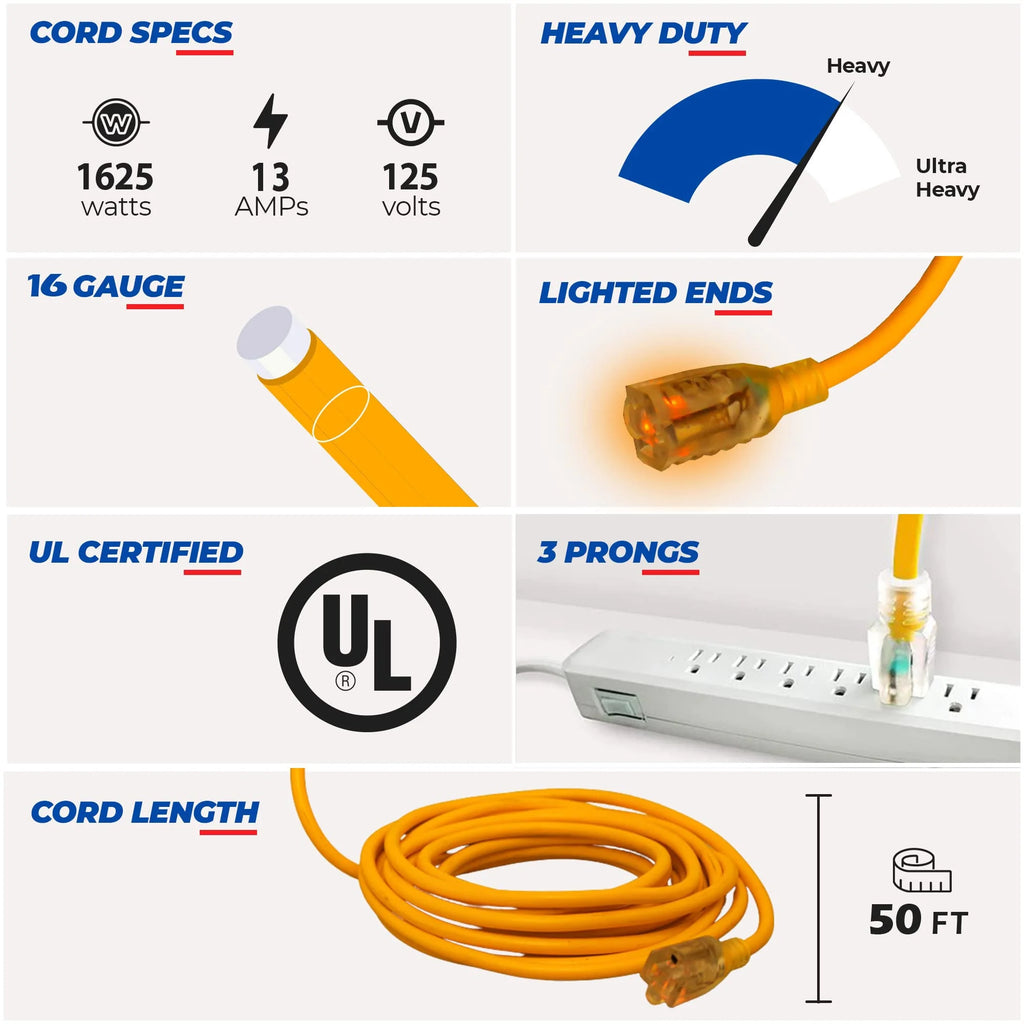50ft Heavy Duty Extension Cord, 16/3 SJT, 13A, 125V, 1625W, Lighted End N320