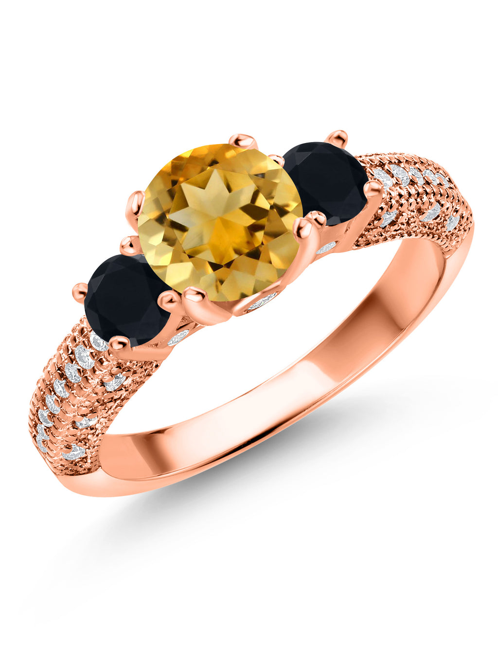 18K Rose Gold Plated Silver Yellow Citrine Black Onyx White Moissanite Engagement Ring Q9509