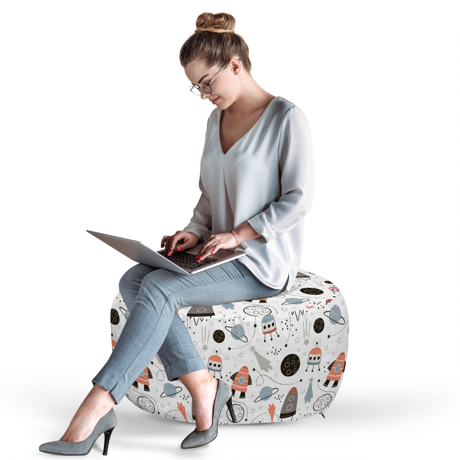 Pale Blue Black Unstuffed Decorative Pouf Cover with Zipper H63137
