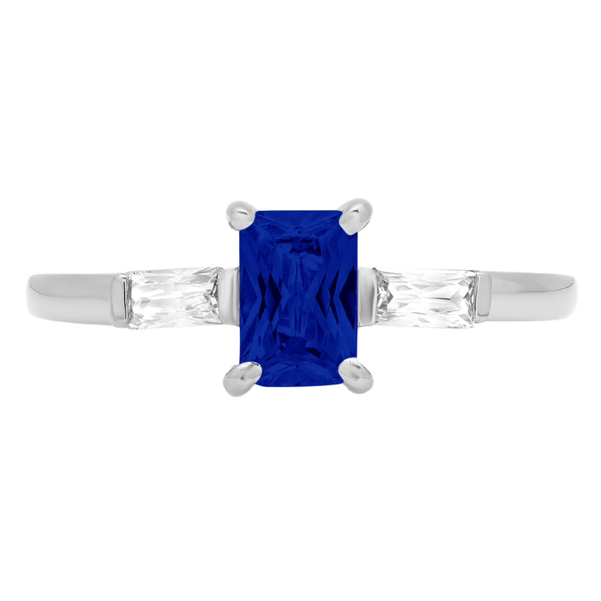 0.8ct Emerald Cut Blue Sapphire 18k White Gold 3 Stone Ring T116208