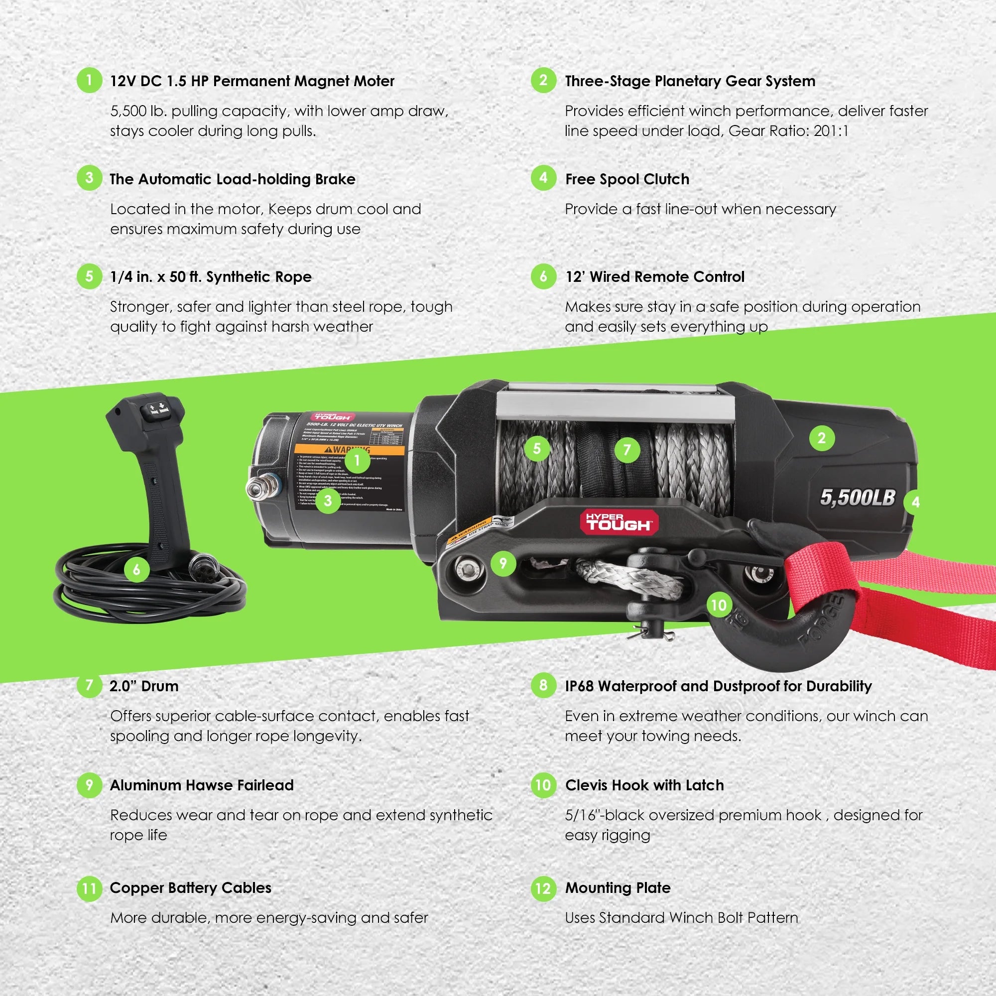 5500 lb 12V DC Electric UTV Winch with 50ft Synthetic Rope and Mounting Bracket G800533