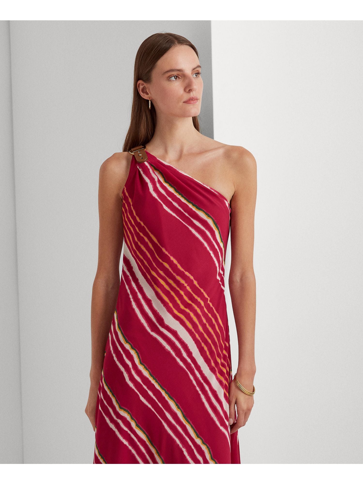 Pink Striped Sleeveless Asymmetrical Neckline Maxi Shift Dress X88566