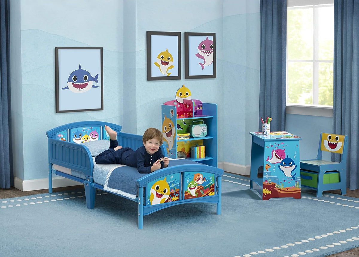 Baby Shark Plastic Toddler Bed and Twinkle Galaxy Dual Sided Crib and Toddler Mattress Bundle V501856