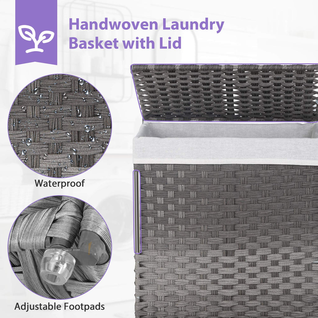 Divided Laundry Hamper 90L/110L Synthetic Rattan Handwoven Double Sorter with Liner Bags Foldable Grey N417793