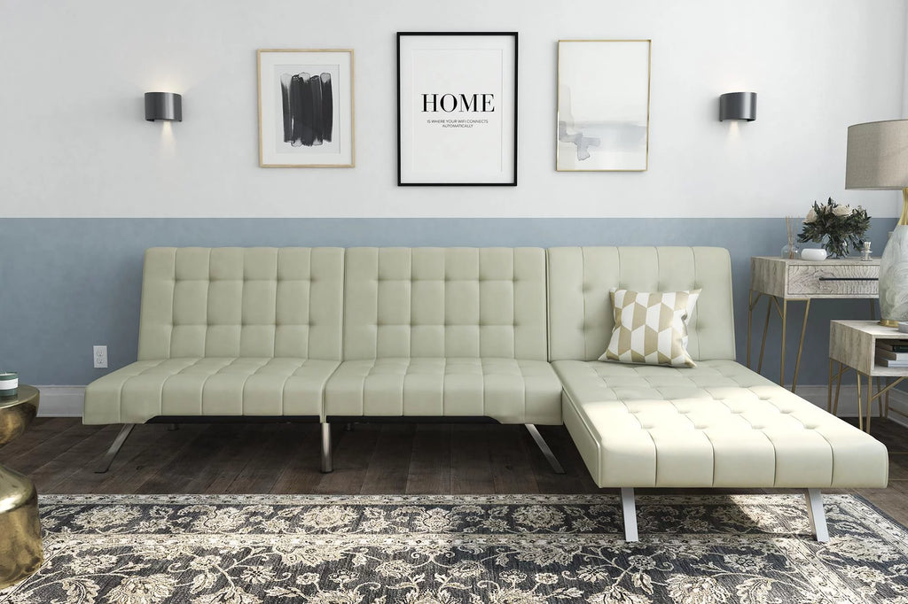 Vanilla Faux Leather Sectional Futon Sofa Bed with Chrome Legs P483