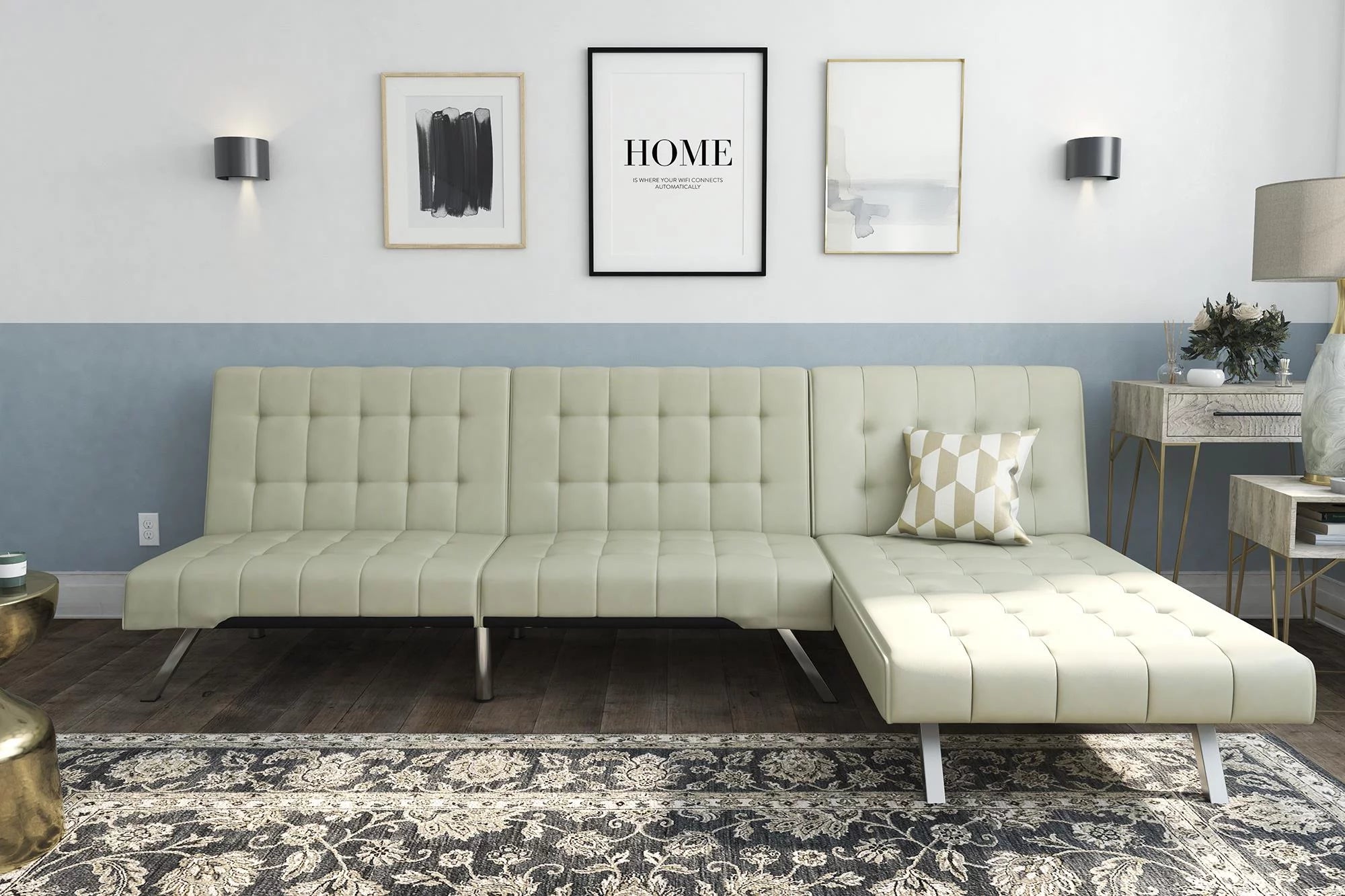 Vanilla Faux Leather Sectional Futon Sofa Bed with Chrome Legs P483