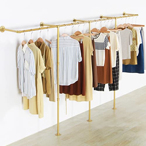 Gold Wall Mounted Clothing Rack with 2 Wooden Shelves Q79096
