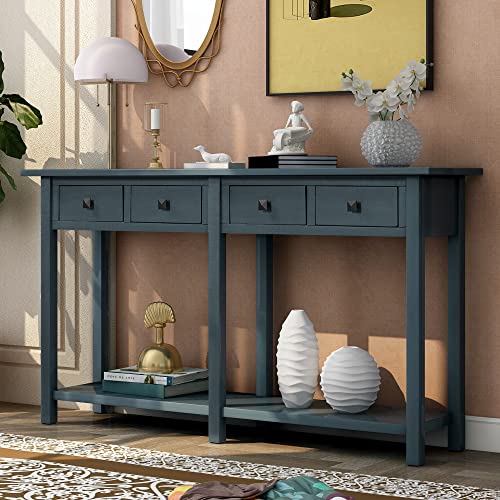 Antique Navy Rustic Wood Console Table with 4 Drawers and Bottom Shelf M613864