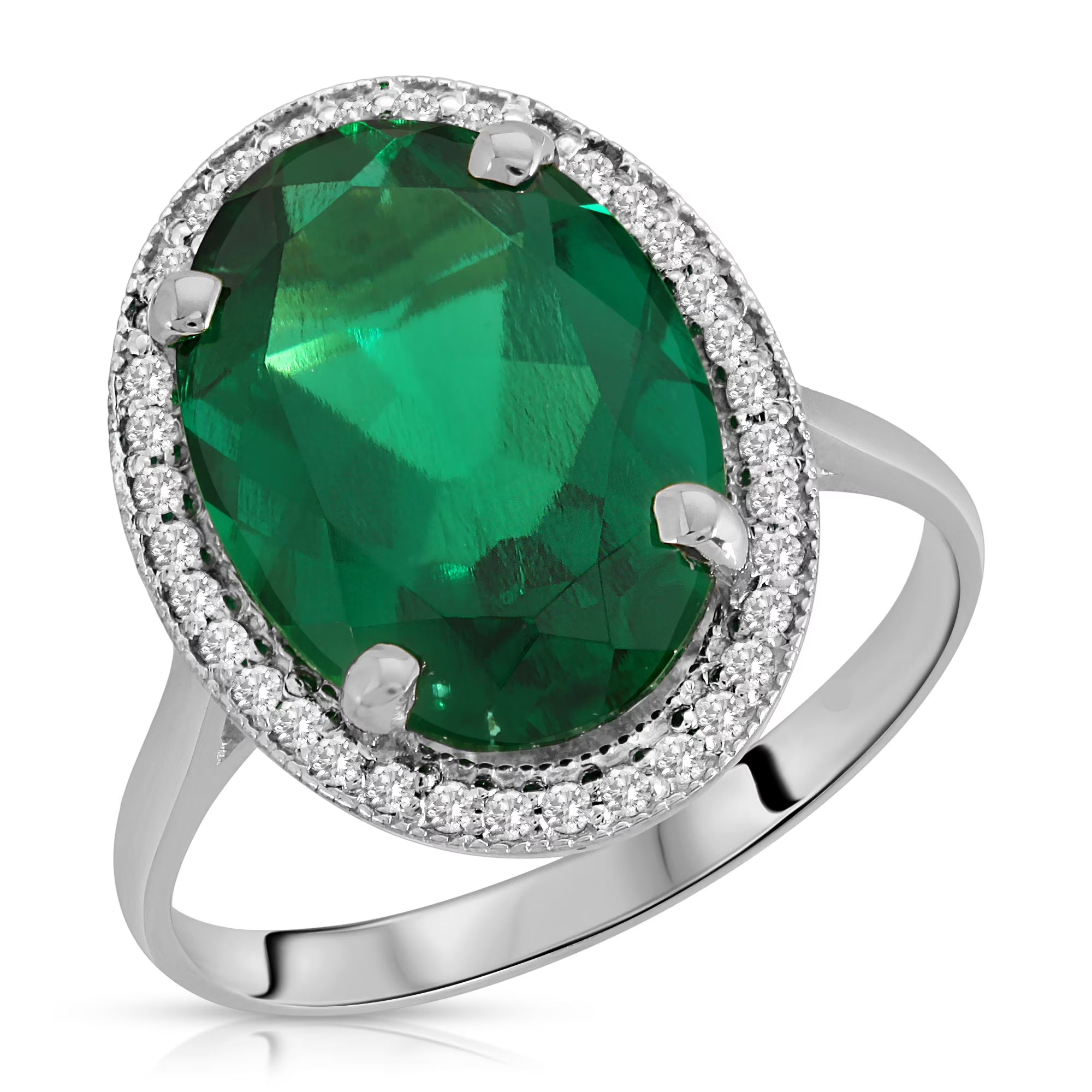 14K Solid White Gold Emerald Ring with Natural Diamonds Halo Ring (9.5) S744692