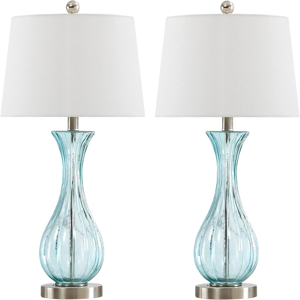 Set of 2 Blue Glass Table Lamps with White Shade A430