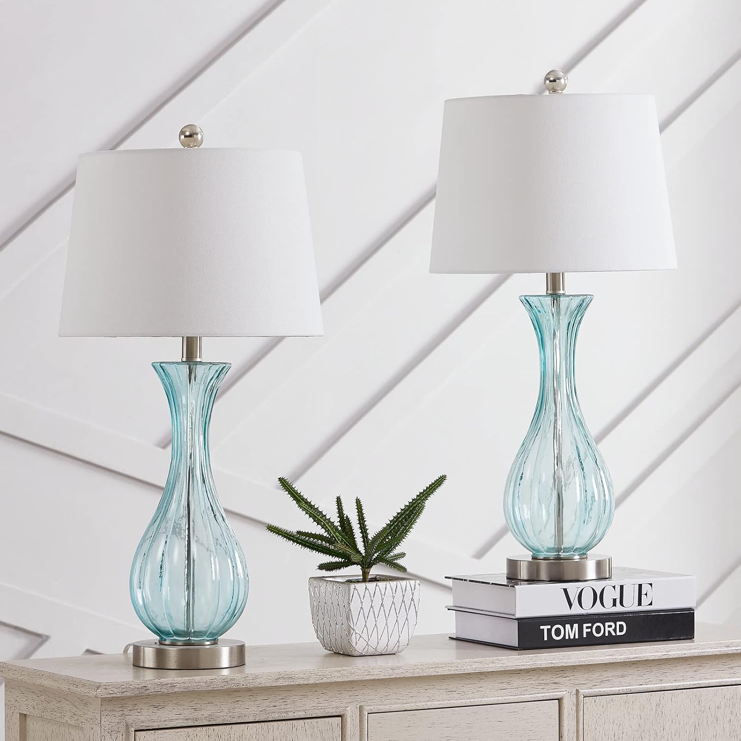 Set of 2 Blue Glass Table Lamps with White Shade A430