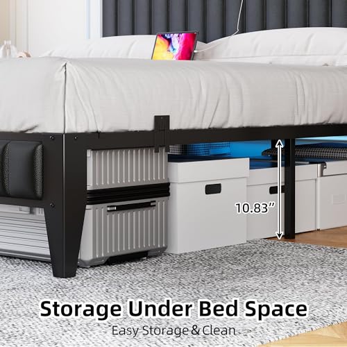 Black Queen Upholstered Platform Bed Frame with Storage Headboard L57577