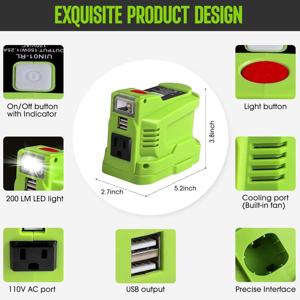 150W Power Inverter for 18V Battery with 2 USB, LED Light, AC Outlet N1461