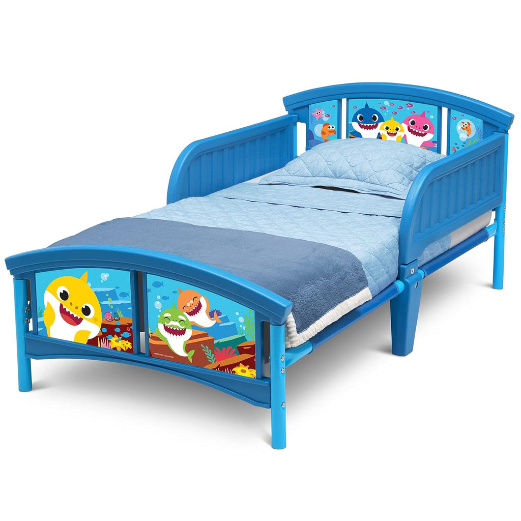 Baby Shark Plastic Toddler Bed and Twinkle Galaxy Dual Sided Crib and Toddler Mattress Bundle V501856