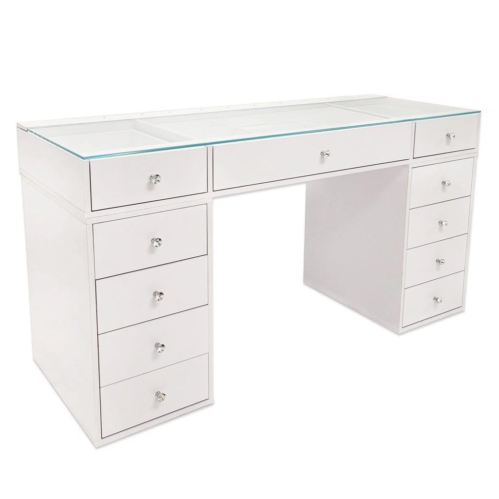 White 10 Drawer Vanity Desk with Glass Tabletop M7369