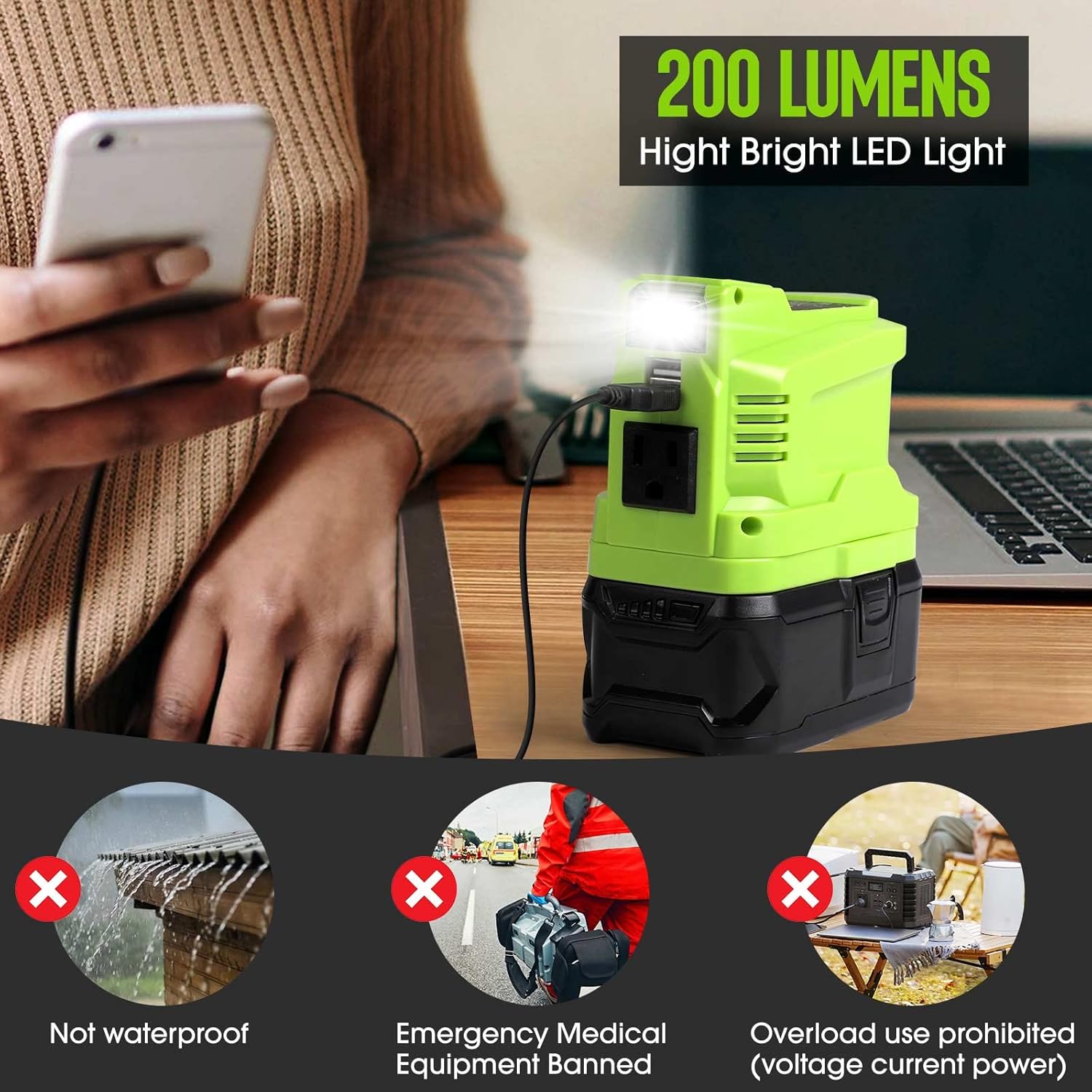 150W Power Inverter for 18V Battery with 2 USB, LED Light, AC Outlet N1461