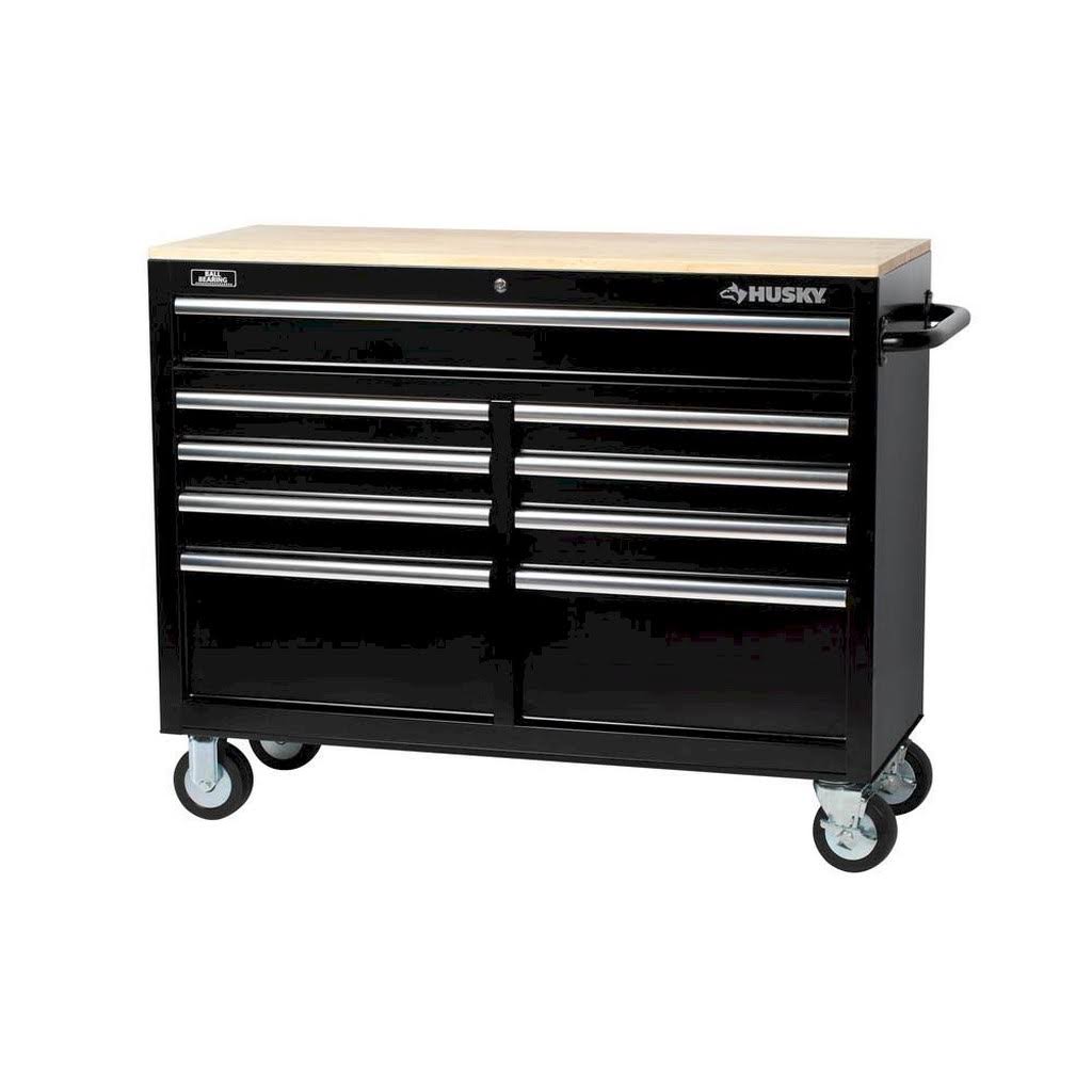 46 in. 9-Drawer Mobile Workbench with Solid Wood Top, Black J37328