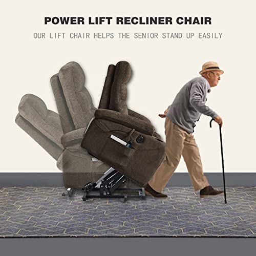 Brown Fabric Power Lift Recliner Chair with Cup Holders C53871