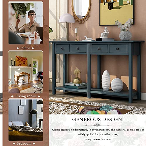 Antique Navy Rustic Wood Console Table with 4 Drawers and Bottom Shelf M613864