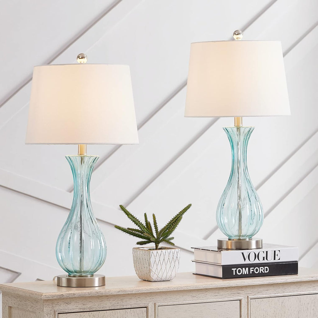 Set of 2 Blue Glass Table Lamps with White Shade A430