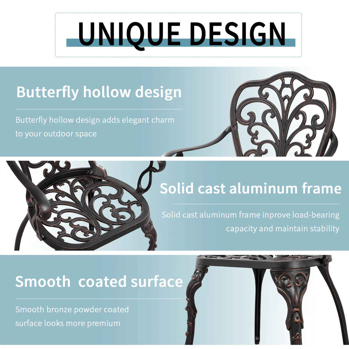 3-Piece Bistro Table and Chairs Set of 2 Outdoor Furniture, Bronze K433