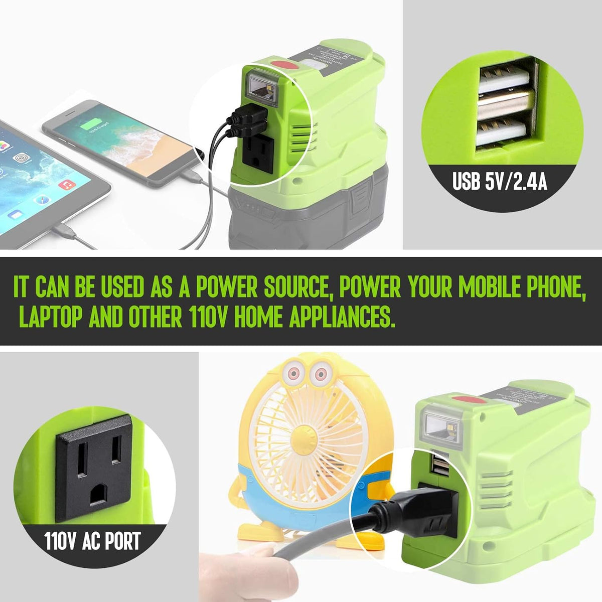 150W Power Inverter for 18V Battery with 2 USB, LED Light, AC Outlet N1461
