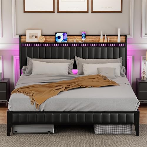 Black Queen Upholstered Platform Bed Frame with Storage Headboard L57577