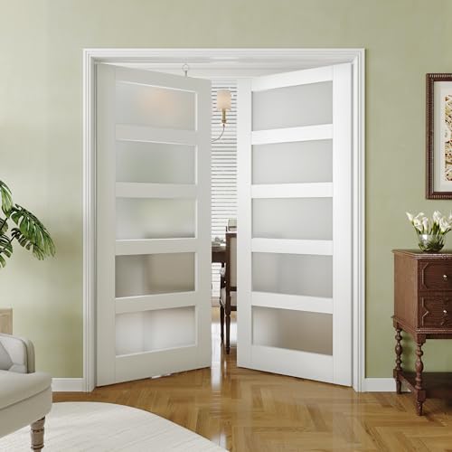 White Primed MDF 30"x 80" Frosted Glass French Door W89718