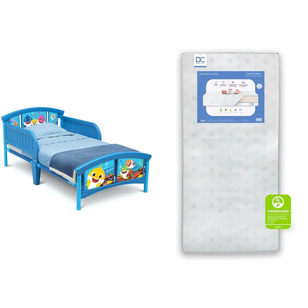 Baby Shark Plastic Toddler Bed and Twinkle Galaxy Dual Sided Crib and Toddler Mattress Bundle V501856