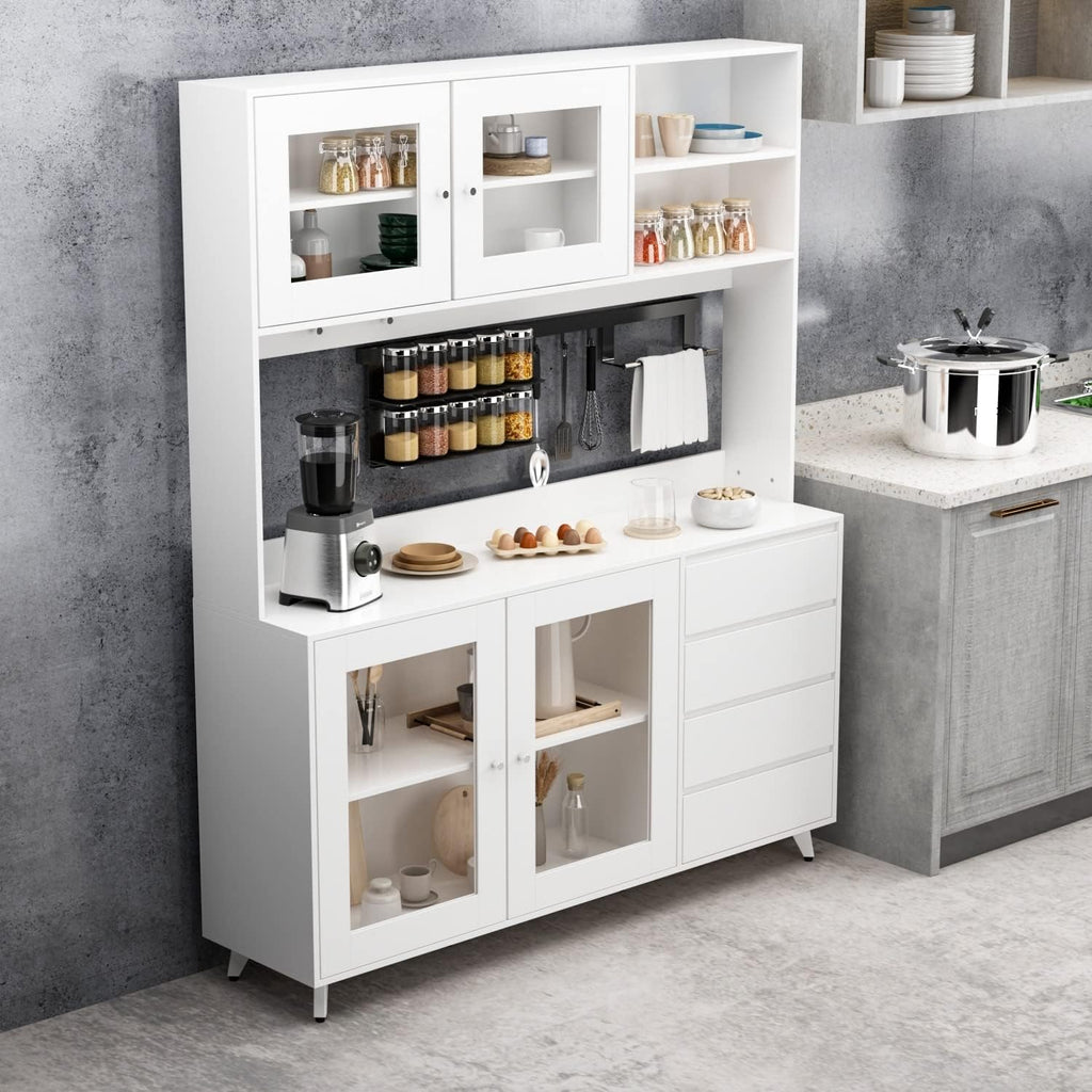 63"W 74.8"W Buffet with Hutch, Freestanding Kitchen Pantry Oak/White D735904