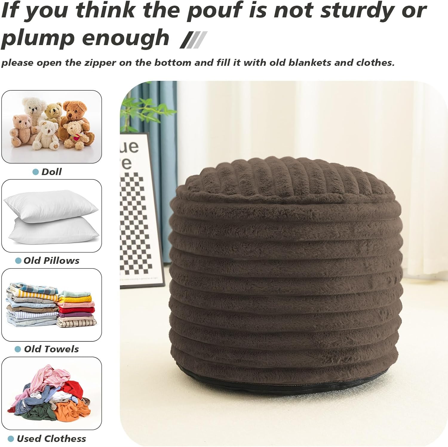 Brown Faux Fur Pouf Ottoman 20 x 15 Inch X114