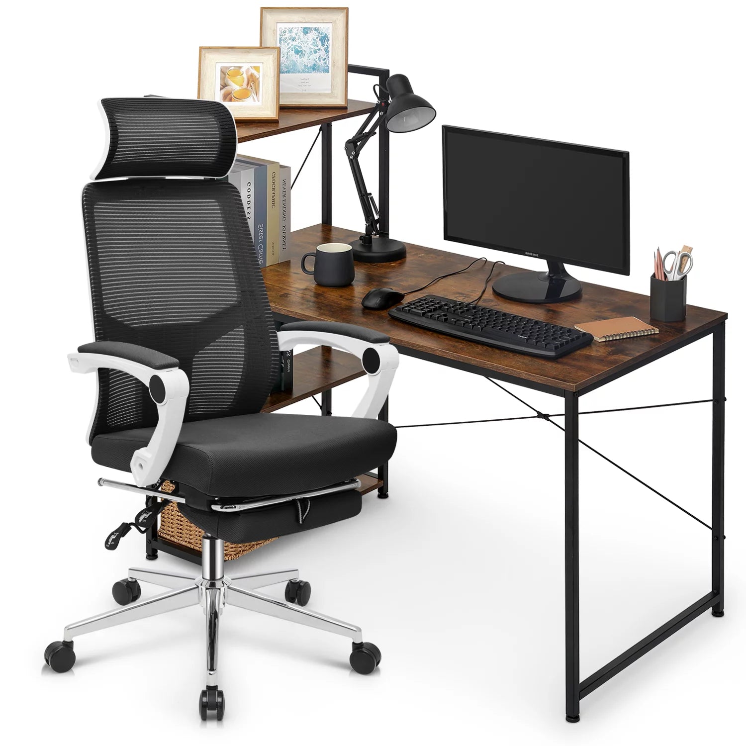 Black Computer Desk and Chair Set with Bookshelf I925065