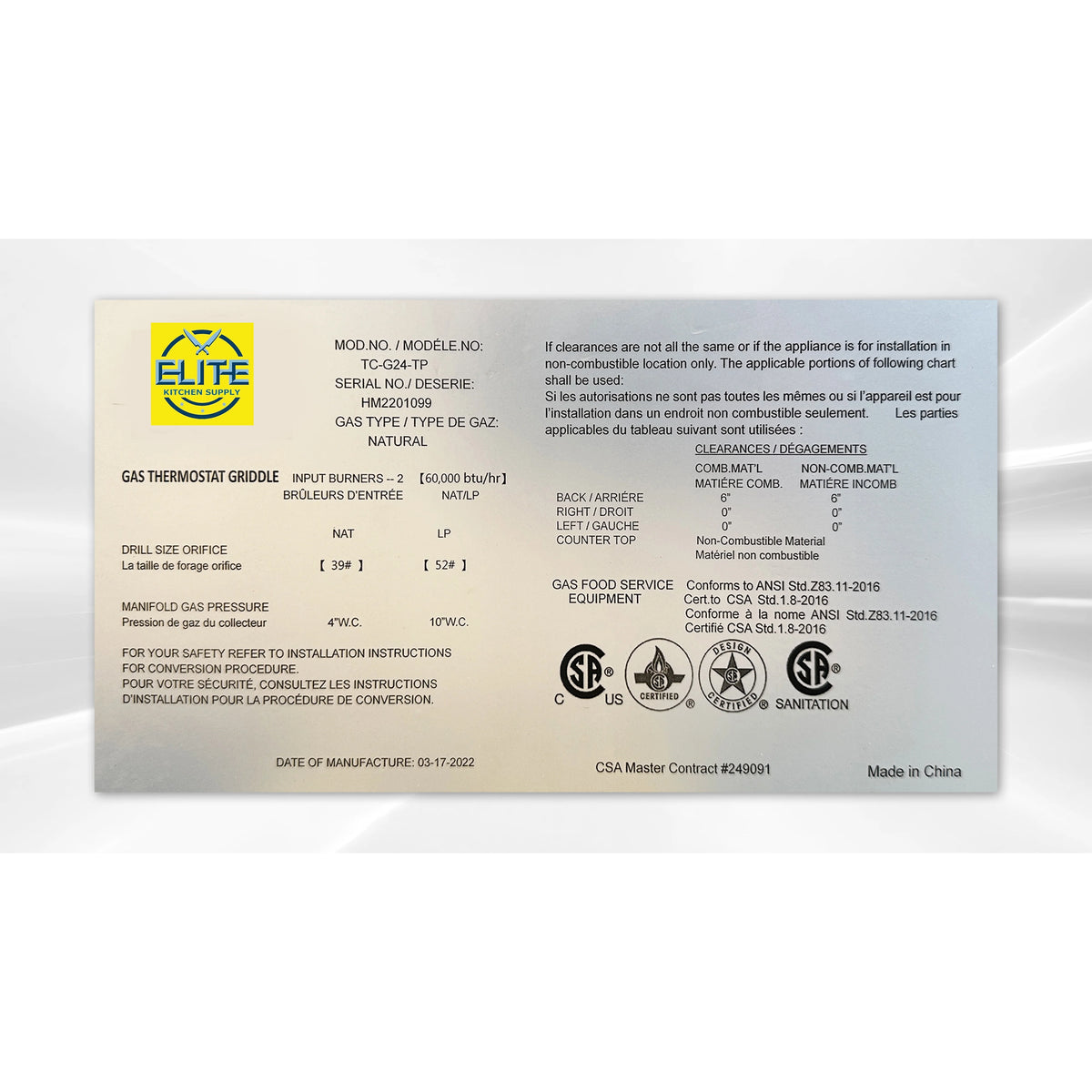 Commercial Gas Countertop Griddle Flat Top J597240