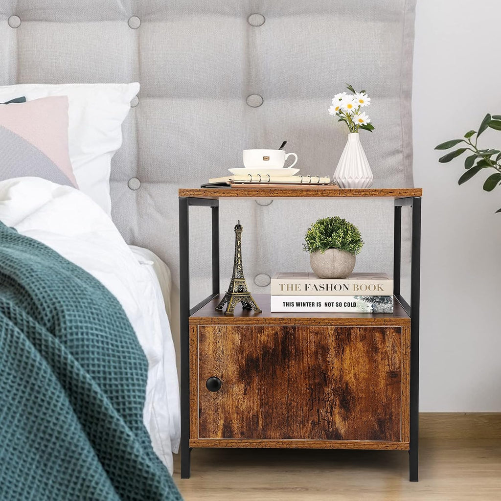White Industrial Nightstand with Storage Cabinet and Open Shelves L798251